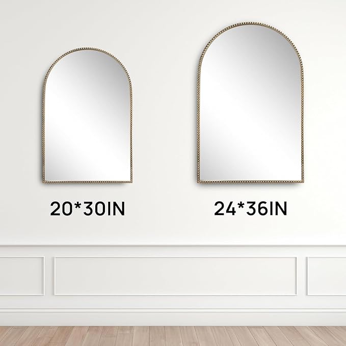 Antique Gold Arched Wall Mirror 20"x30", Ornate Beaded Metal Frame Bathroom - Image 3