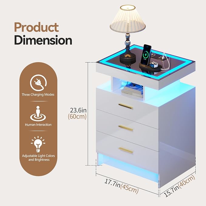 White Night Stand Set 2 with Wireless Charging Station, Smart Bedside Table - Image 2
