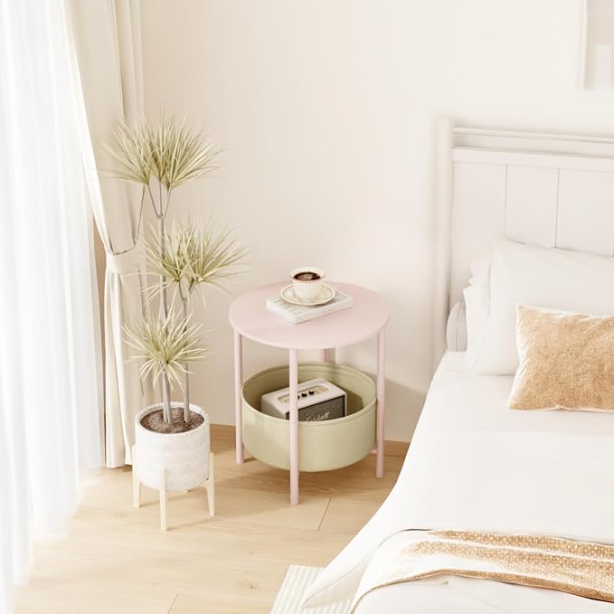 DGSANDGO Round End Table with Fabric Basket, Bedside Table with Storage - Image 5
