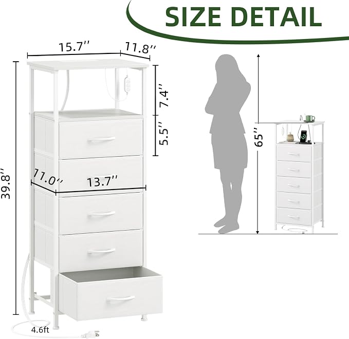 Somdot White Nightstand with Charging Station and LED Light - Image 3