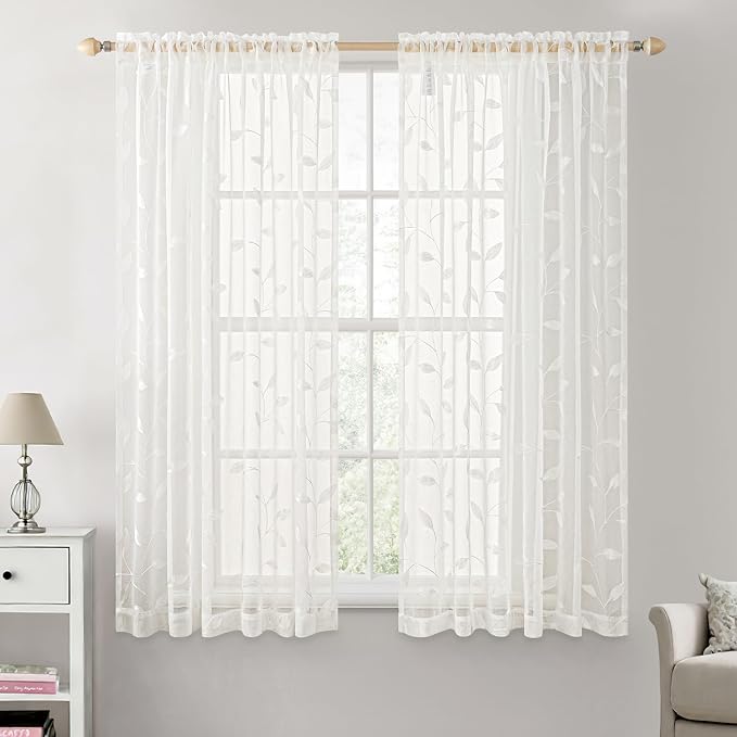 MIULEE Ivory Sheer Curtains 2 Panels Embroidered Leaf Patterned Rod Pocket by MIULEE