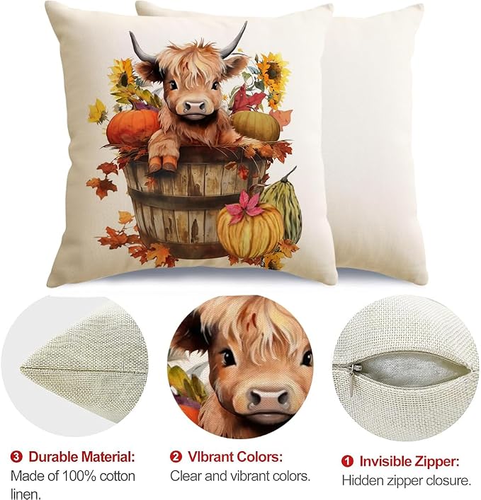 RABUSOFA Fall Decor Pillow Covers 18x18 Inch Highland Cow Autumn Decorations - Image 6