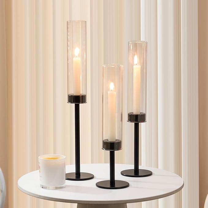 Black Hurricane Glass Candle Holders Set of 6, Tall Metal Taper Candle Stick - Image 7