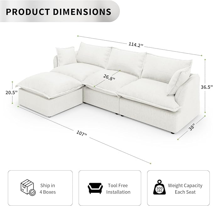 Cloud Sectional Sofa, 114.2" Large L Shape Convertible Modular Couches - Image 2