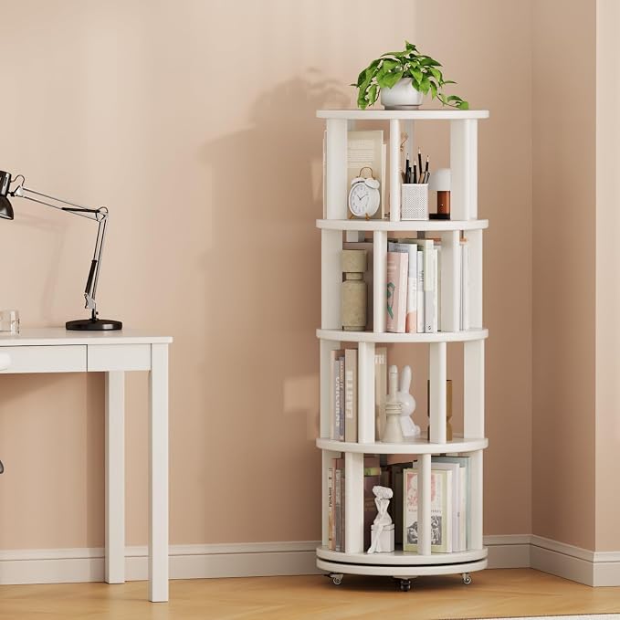 Muwuele Solid Wood Rotating Bookshelf on Wheels, 4 Tier, Round Revolving - Image 9