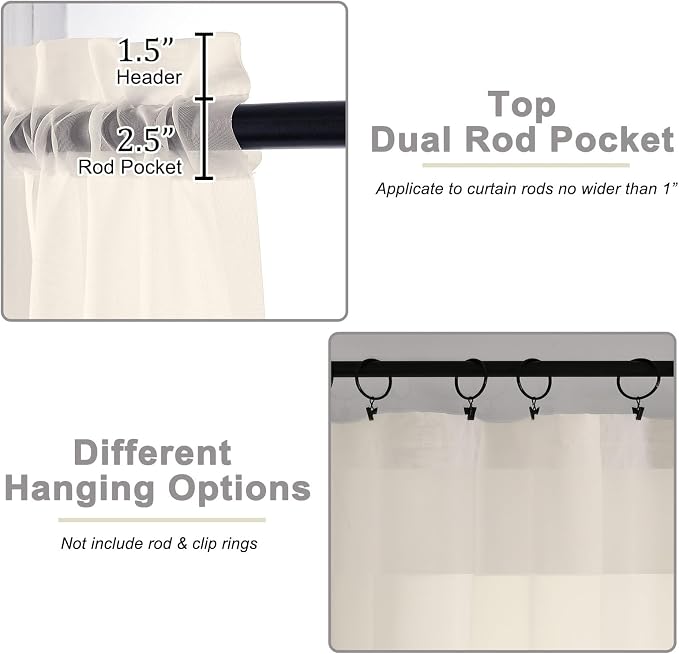 Cream Sheer Curtains for Bedroom Living Room 54 Inch Length 2 Panels Set - Image 4