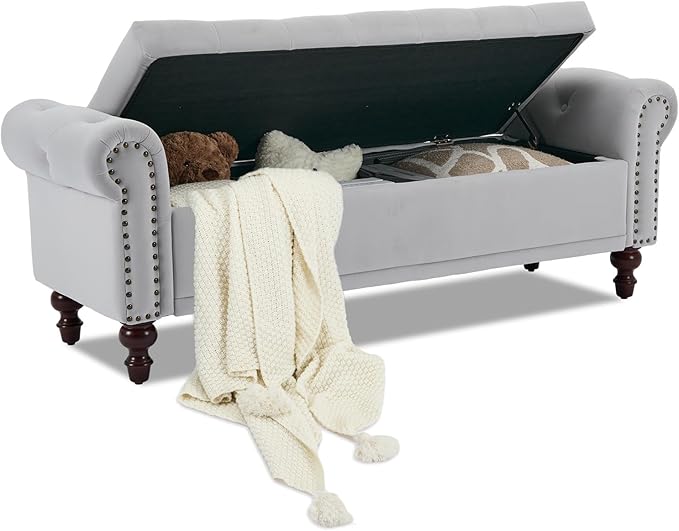 SOFTHION 58.1" Storage Bench Upholstered Velvet End of Bedroom Bed Bench Ottoman by SofthionDesign