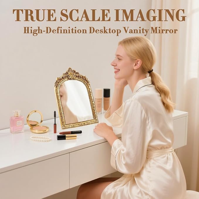YUSONG Vintage Desk Mirror – 8" Gold Antique Tabletop Mirror - Image 2