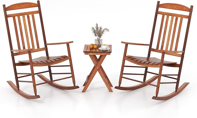 Tangkula 3-Piece Outdoor Poplar Wood Rocking Bistro Set, High Back Front Porch by TANGKULA