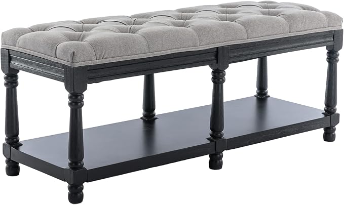 Farmhouse Storage Bench Wooden Entryway Linen Upholstered Ottoman Button Tufted - Image 7
