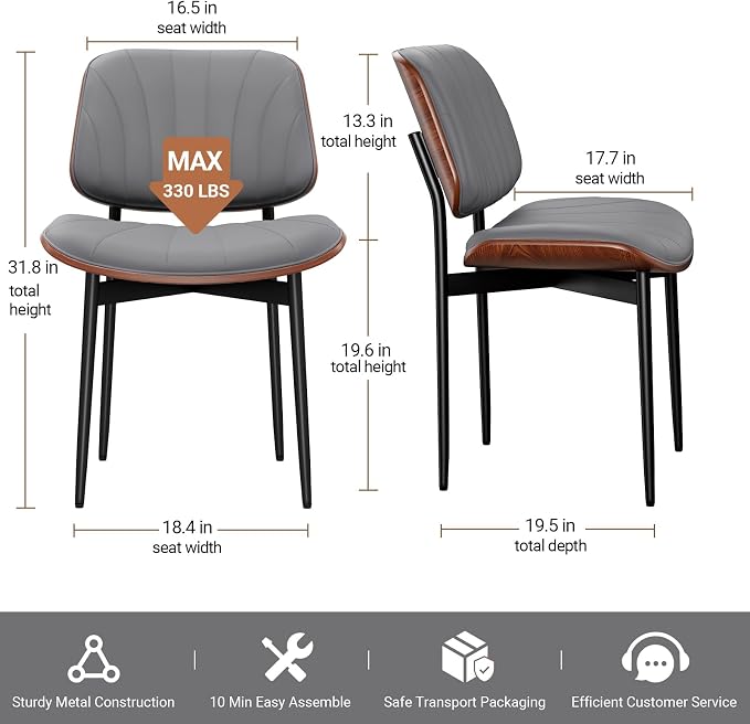 REONEY Dining Chairs Set of 8, Mid-Century Modern Upholstered PU Leather Chairs - Image 2