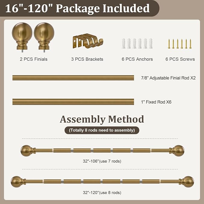Warm Gold Long Curtain Rods for Windows 66 to 120 Inch 1" Diameter Adjustable - Image 9