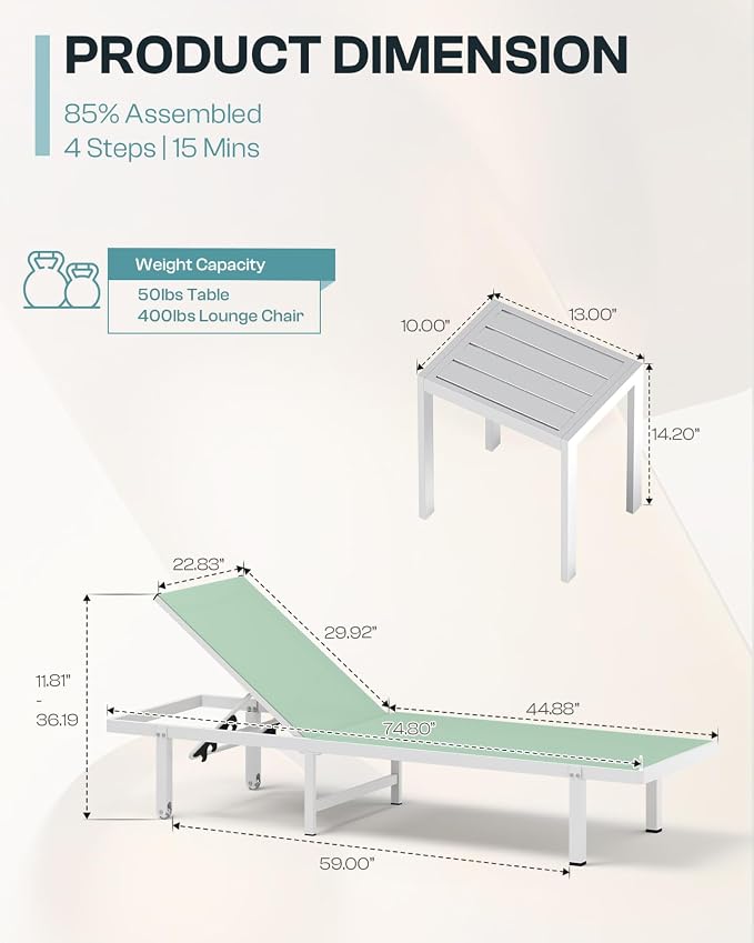 Pool Lounge Chairs Set of 2, Aluminum Outdoor Lounge Chairs - Image 2