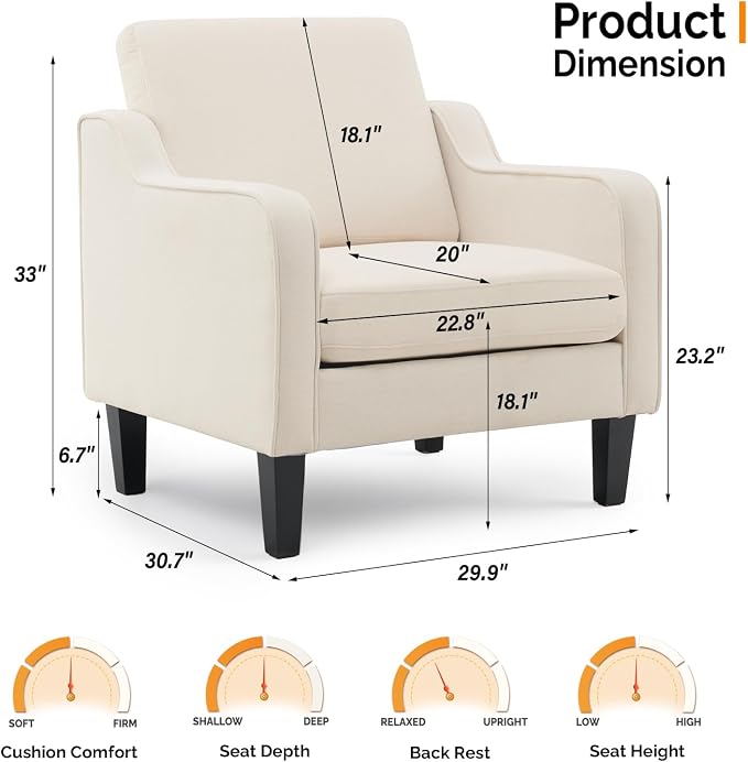 VINGLI Beige Accent Chairs for Living Room, Line Comfy Upholstered Chair Mid - Image 2