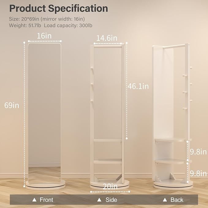 WoodsWhisper Full Length Mirror Coat Rack Solid Wood Floor Mirror 66"x12" Full - Image 2