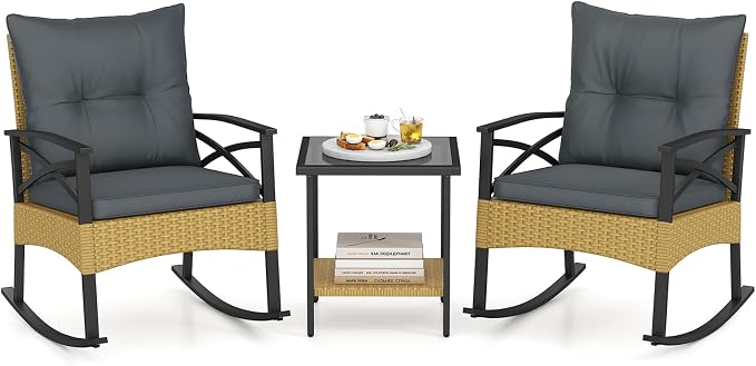 Tangkula 3 Pieces Outdoor Rocking Chairs Set, Rattan Heavy Duty Cushioned by TANGKULA