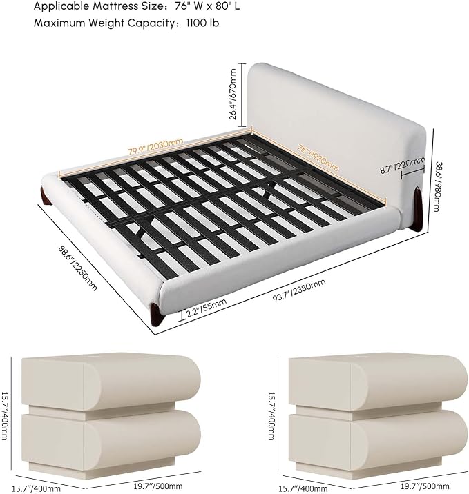 homary 3-Pieces Bedroom Sets King Size Upholstered Bed Frame - Image 2
