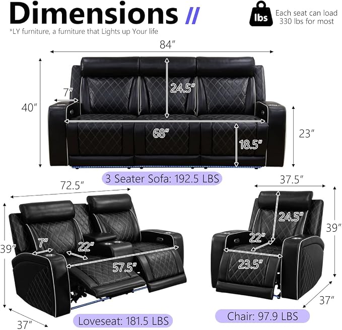 Leather Power Reclining Sofa Set, Home Theater Recliner Sofa & Chair - Image 2
