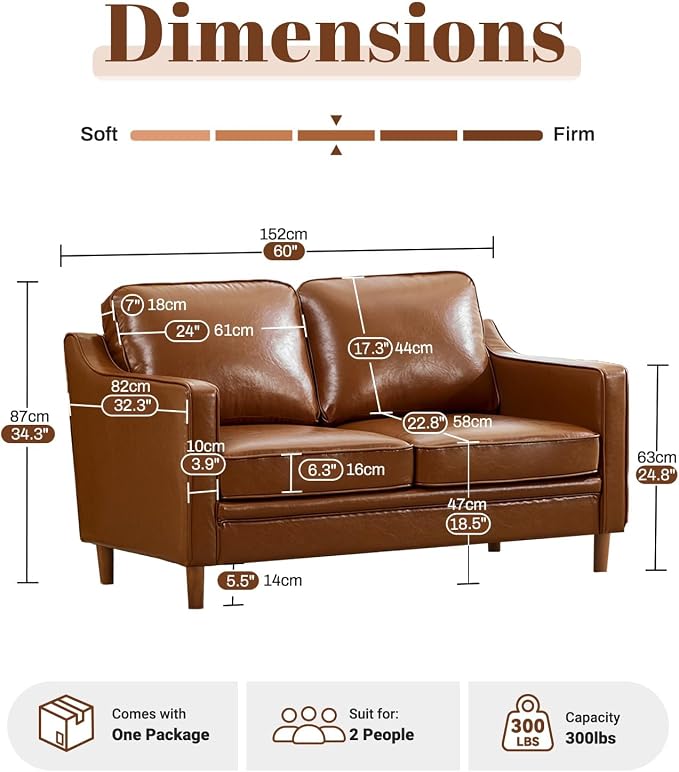 Kingfun 56" Faux Leather Sofa, Loveseat Couch, Mid Century Modern Love Seat - Image 2