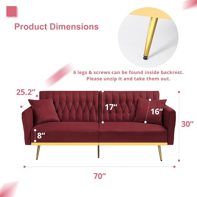 70” Velvet Futon Sofa Bed with 2 Pillows and Adjustable Armrests, Convertible - Image 3