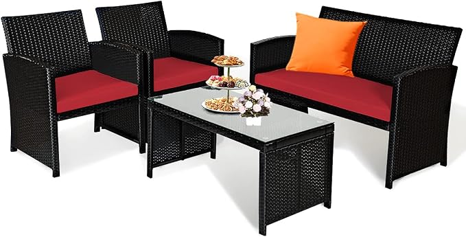 Tangkula Patio Wicker Conversation Furniture Set, Patiojoy Sofa & Table Set w/4 - Image 9