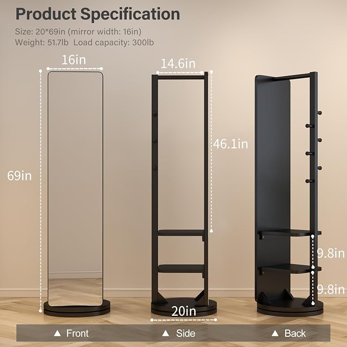 WoodsWhisper Full Length Mirror Coat Rack Solid Wood Floor Mirror 70"x16" Full - Image 2
