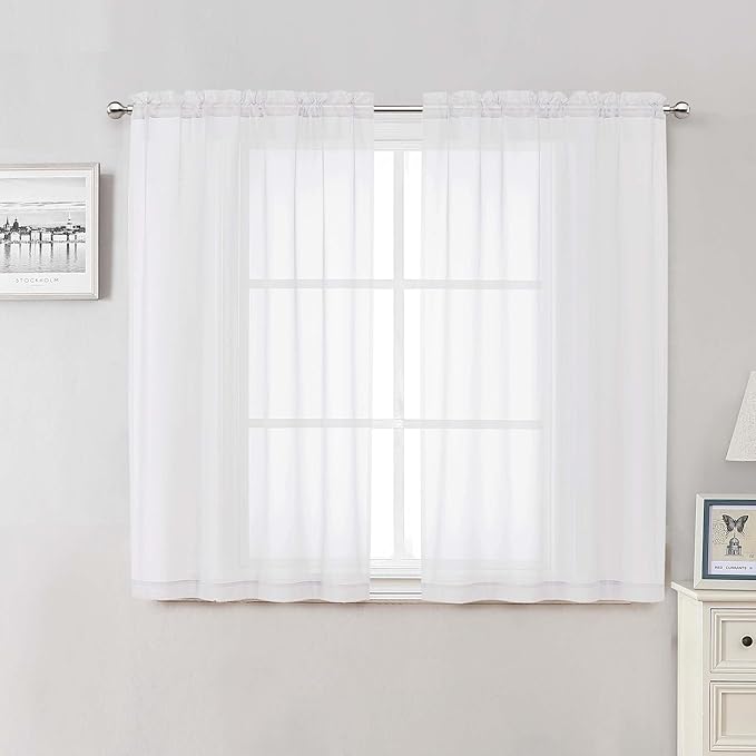 Lecloud White Sheer Curtains 48 Inch Length 2 Pcs, Light Filtering Voile by Lecloud