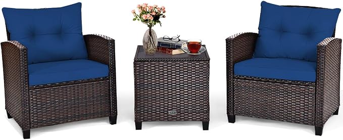 COSTWAY 3PCS Patio Furniture Set, PE Rattan Wicker Sofa w/Washable Cushion and by COSTWAY