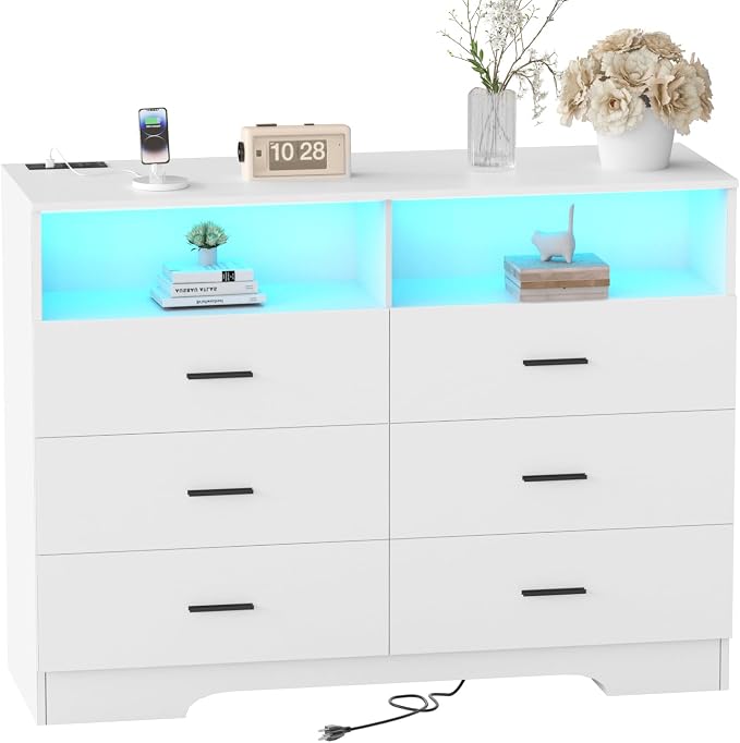 FJTJBSI Dresser with Power Outlets and LED Lights Wooden 6 Drawer Dresser with by FJTJBSI