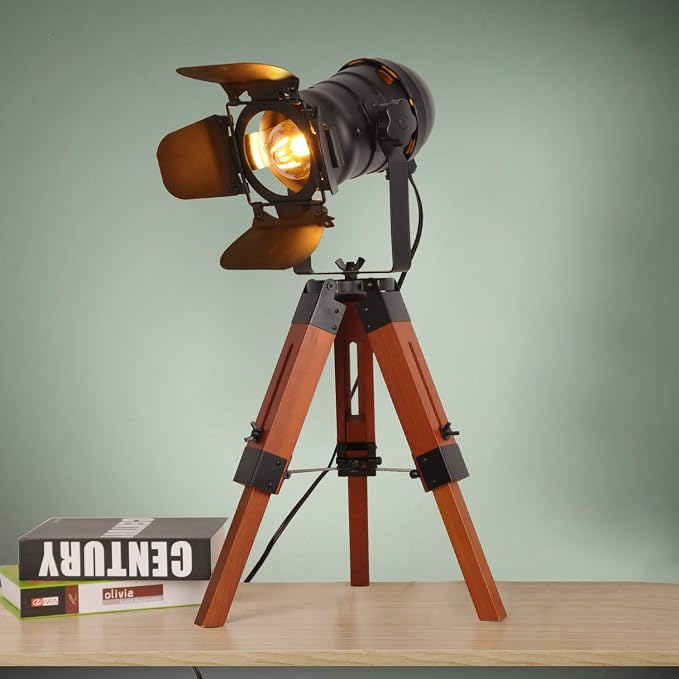 Decoluce Industrial Tripod Floor Table Lamp Vintage Wood Cinema Searchlight - Image 2