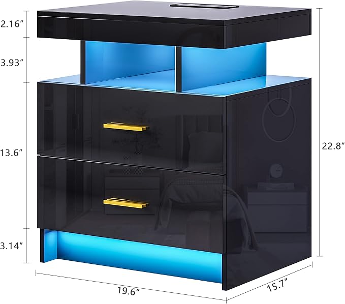 HNEBC Auto LED Nightstand with Wireless Charging Station & USB Ports, High - Image 2