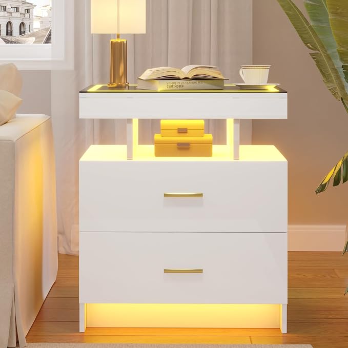 LED Nightstand Set 2 with Wireless Charging Station, Glass Top Smart Bedside - Image 9