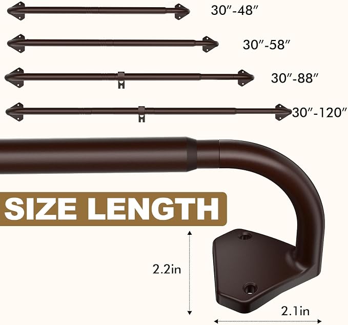 GXOACKJ Brown Curtain Rods for Windows 28 to 60 inch, 5/8 inch Adjustable Wrap - Image 4