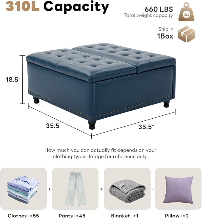 Tbfit Large Square Storage Ottoman Bench, Tufted Upholstered Coffee Table - Image 2