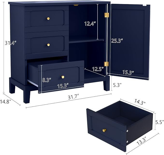 HLR Accent Cabinet with 3 Drawers and Door, Wooden Storage Cabinet with Shelves - Image 2