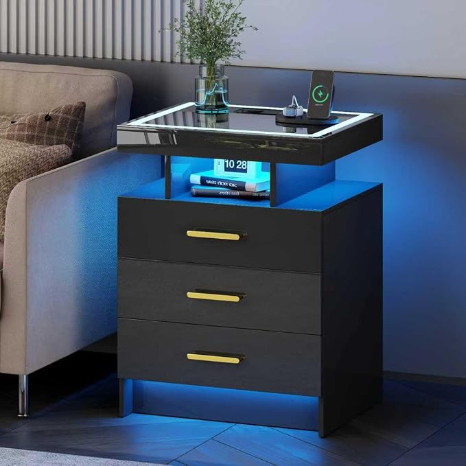 Black Night Stand with Wireless Charging Station, Smart Bedside Table with 3 - Image 8
