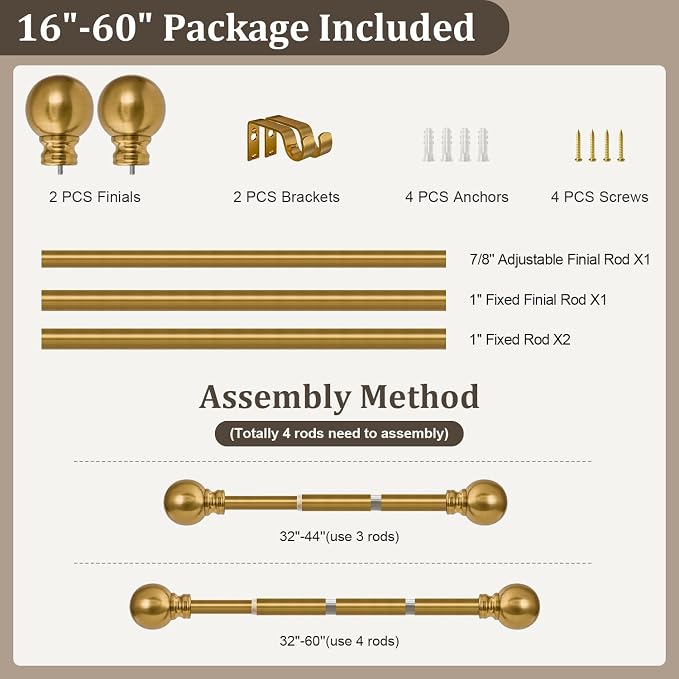 Modern Gold Curtain Rods for Windows 28 to 48 Inch 1" Diameter Adjustable Heavy - Image 9