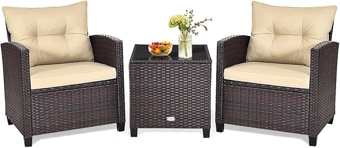 HAPPYGRILL 3 Pieces Patio Conversation Set, Outdoor Furniture Set PE Rattan by HAPPYGRILL