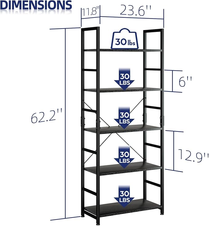 NUMENN 5 Tier Bookshelf, Tall Bookcase Shelf Storage Organizer, Modern Book - Image 3