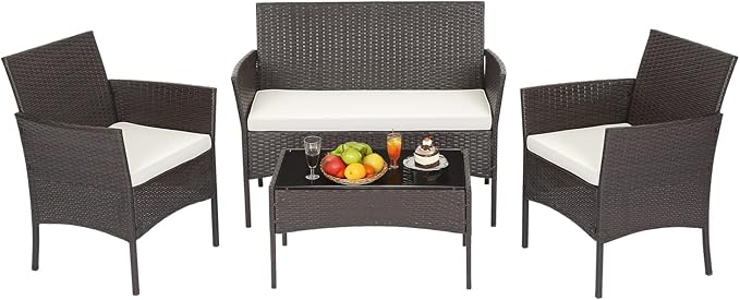 FDW | 4-Piece Patio Furniture Set | Brown | Outdoor Wicker Furniture by FDW