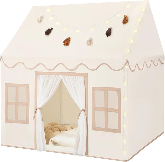 Kids Play Tent Indoor: with Mat, Tassel Garland, Star Lights by Senodeer