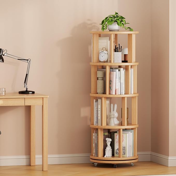 Muwuele Solid Wood Rotating Bookshelf on Wheels, 4 Tier, Round Revolving - Image 9