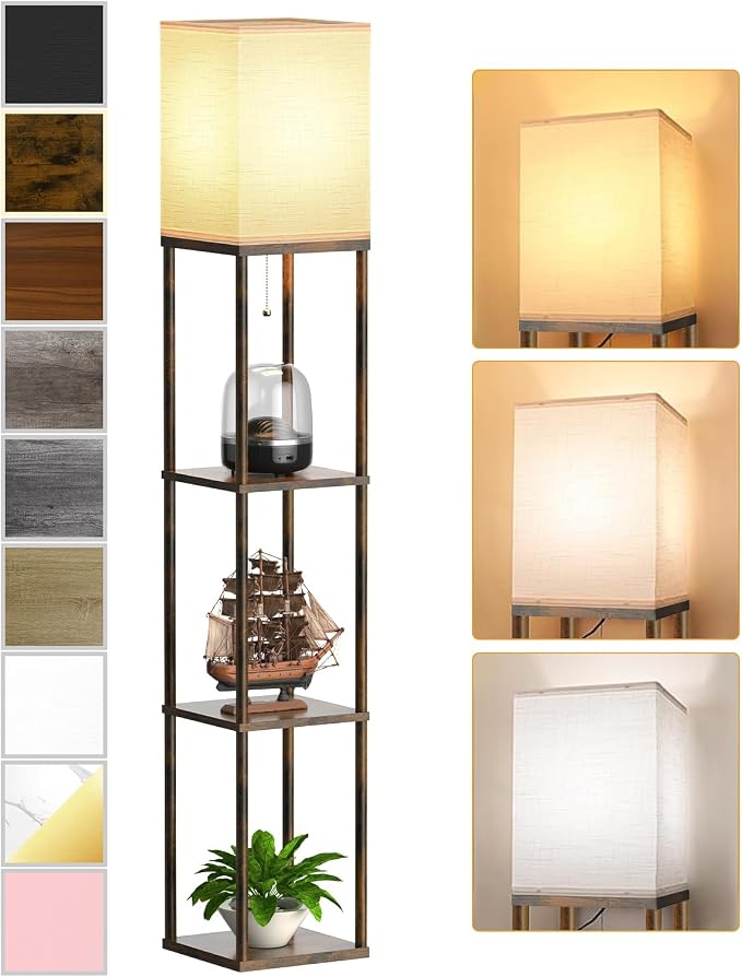 Floor Lamp with Shelves for Living Room Brown, Shelf Floor Lamp with 3 CCT LED by PARTPHONER