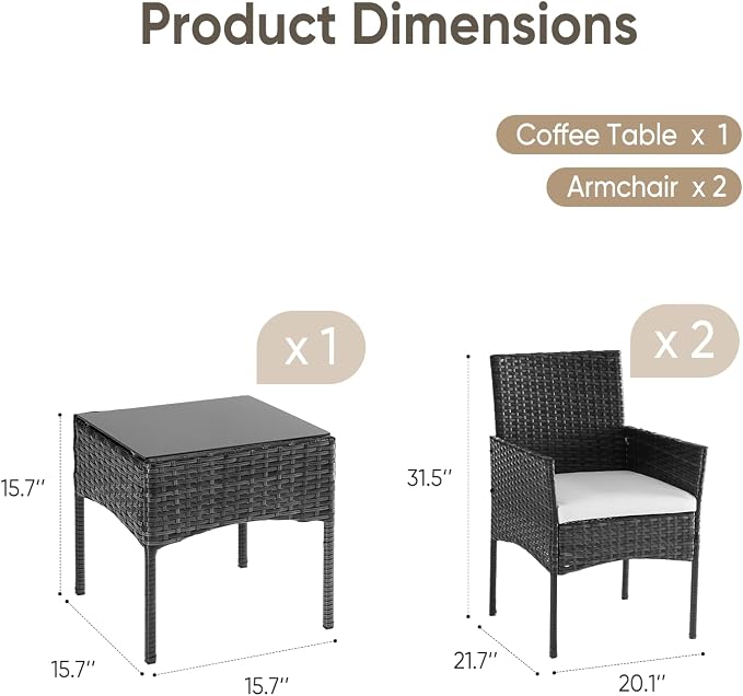 DUMOS 3 Piece Patio Furniture Set, All-Weather Outdoor Wicker Chairs - Image 3