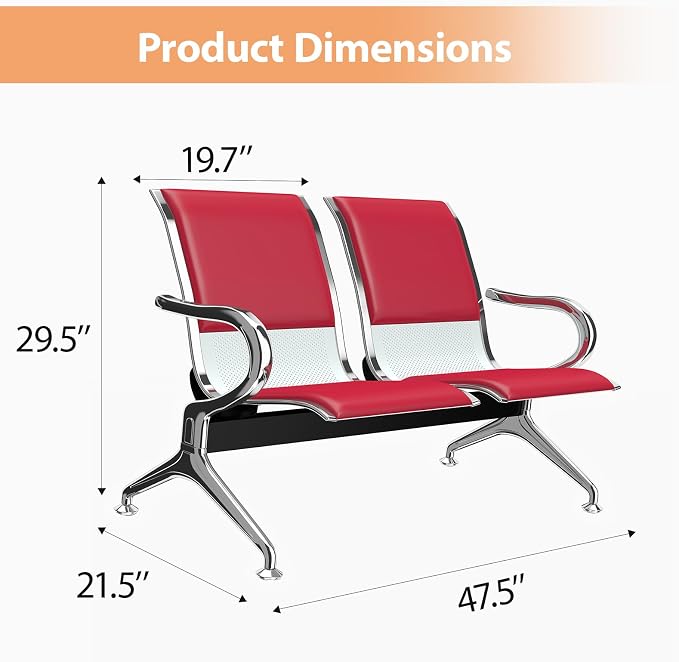 Kinfant 2-Seat PU Leather Waiting Room Bench – Red Reception Chair - Image 2