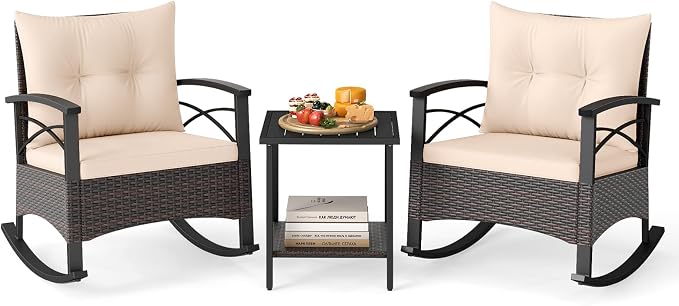 Tangkula 3 Pieces Outdoor Rocking Chairs Set, Rattan Heavy Duty Cushioned by TANGKULA