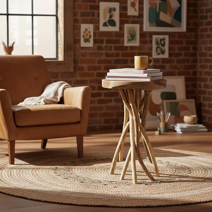Greenage Teak Branch Coffee Table 15.7"x15.7"x27.6" Wooden Live Edge Side Table - Image 3