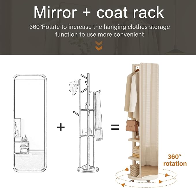 WoodsWhisper Full Length Mirror Coat Rack Solid Wood Floor Mirror 66"x12" Full - Image 3