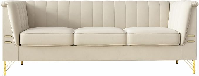 83.46" W Beige Velvet Sofa Couch - Image 3