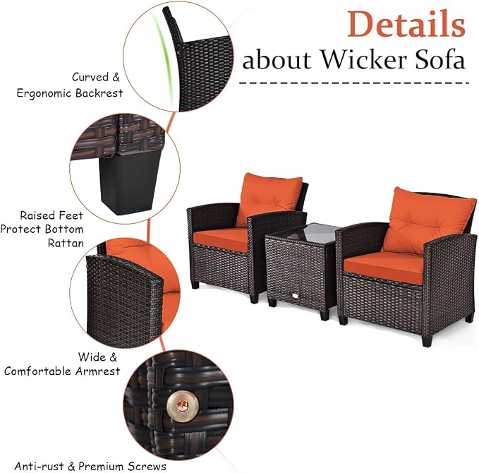 COSTWAY 3PCS Patio Furniture Set, PE Rattan Wicker Sofa w/Washable Cushion and - Image 7